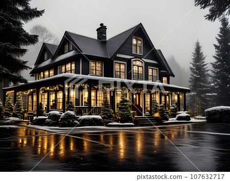 Cozy Christmas house rain blackandwhite cinematic. Cozy Christmas house rain blackandwhite cinematic. 107632717