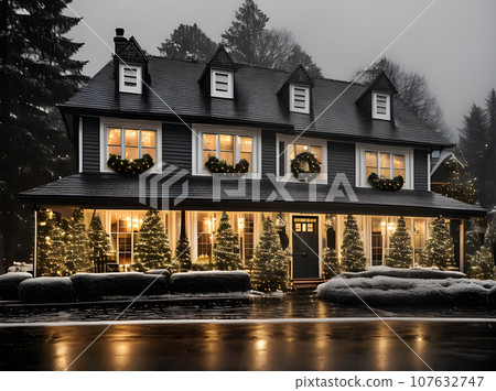 Cozy Christmas house rain blackandwhite cinematic. Cozy Christmas house rain blackandwhite cinematic. 107632747
