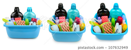 Set of detergents for bathroom and kitchen isolated on white Set of detergents for bathroom and kitchen isolated on white 107632949