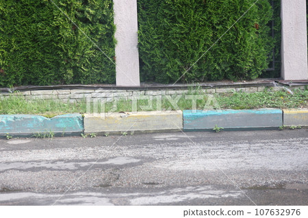 A street border painted white and blue against a road and green foliage in a summer, minimalism. 107632976