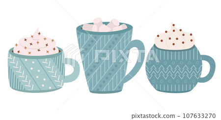 Set of cups with marshmallows, cream, chocolate. Cups with hot drinks. Set of different cups with ornaments. Isolated on white background. Vector illustration. 107633270