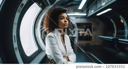 Multiracial young woman in white suit sitting near the window in spacecraft 107633352
