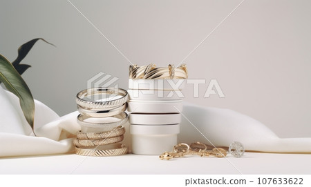 A collection of jewelry on a white background. The jewelry includes gold and silver bangles, a gold chain necklace, and a diamond ring. The image has a green plant in the background for a touch of 107633622
