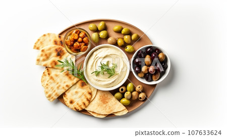 Top view Middle Eastern meze platter with green falafel, pita, Mediterranean appetizer party idea on isolate white background Top view Middle Eastern meze platter with green falafel, pita, Mediterranean appetizer party idea on isolate white background 107633624