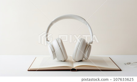 A serene and relaxing image of a pair of white headphones resting on an open book. The headphones are over-ear style with a white headband and ear cushions. The book has a brown cover and white pages. 107633625