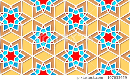 Arabic seamless girih pattern with classic islamic culture ornament. Colorful tiled background with shadow. 107633659
