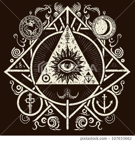 Occult symbols composition in dotwork style. Abstract mystic elements, Sacred triangle with eye in retro flat lay composition. Occult symbols composition in dotwork style. Abstract mystic elements, Sacred triangle with eye in retro flat lay composition. 107633662