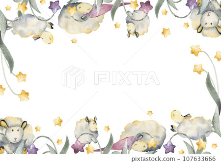 Watercolor hand drawn illustration, cute baby sheep with clouds and magical star flowers. Border frame isolated on white background. Textured effect. For kids, children bedroom, fabric, linens print 107633666
