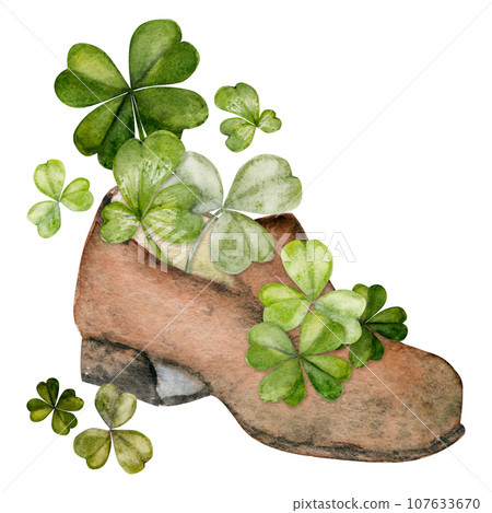 Watercolor hand drawn illustration, Saint Patrick holiday. Leprechaun boots shoes, green lucky clover shamrock. Ireland tradition. Isolated on white background. For invitations, print, website, cards. Watercolor hand drawn illustration, Saint Patrick holiday. Leprechaun boots shoes, green lucky clover shamrock. Ireland tradition. Isolated on white background. For invitations, print, website, cards. 107633670
