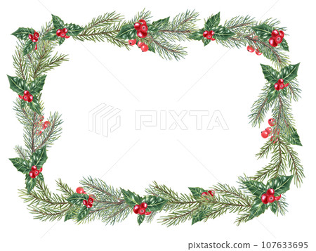 Christmas spruce frame. Green ilex leaves with bunch of red berries. Spruce, Fir, evergreen plant, Holly leaves. Copy space for text. Watercolor illustration for greeting, postcards Christmas spruce frame. Green ilex leaves with bunch of red berries. Spruce, Fir, evergreen plant, Holly leaves. Copy space for text. Watercolor illustration for greeting, postcards 107633695