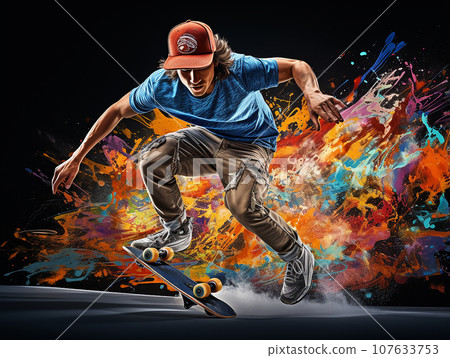 A young man on a skateboard performs stunts 107633753