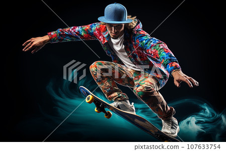 A young man on a skateboard performs stunts 107633754