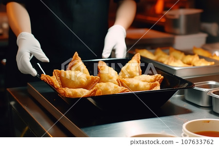 deep fried empanadas in boiling oil in a casual fast food restaurant kitchen 107633762