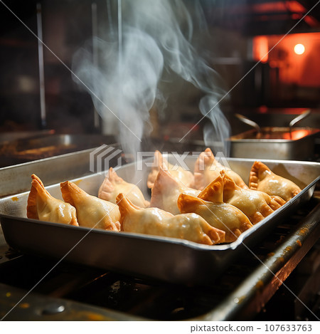 deep fried empanadas in boiling oil in a casual fast food restaurant kitchen deep fried empanadas in boiling oil in a casual fast food restaurant kitchen 107633763