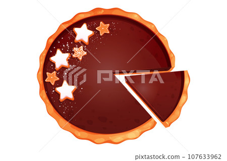 Chocolate cake, pie with cranberries, star shape gingerbread traditional holiday dessert cut slice top view in cartoon style isolated on white background Chocolate cake, pie with cranberries, star shape gingerbread traditional holiday dessert cut slice top view in cartoon style isolated on white background 107633962