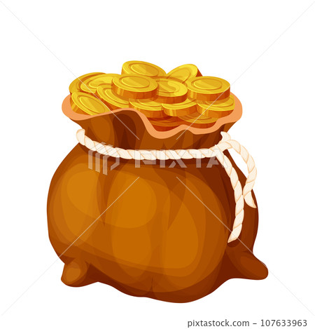Money bag, sack with golden coins in cartoon style isolated on white. Game element asset success, trophy. Money bag, sack with golden coins in cartoon style isolated on white. Game element asset success, trophy. 107633963