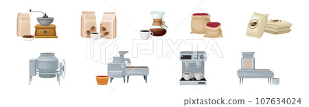 Coffee Industrial Production Process with Equipment and Ripe Crop Vector Set Coffee Industrial Production Process with Equipment and Ripe Crop Vector Set 107634024
