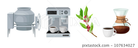 Coffee Industrial Production Process with Equipment and Ripe Crop Vector Set Coffee Industrial Production Process with Equipment and Ripe Crop Vector Set 107634027