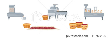 Coffee Industrial Production Process with Equipment and Ripe Crop Vector Set Coffee Industrial Production Process with Equipment and Ripe Crop Vector Set 107634028