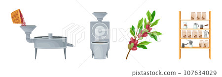 Coffee Industrial Production Process with Equipment and Ripe Crop Vector Set 107634029