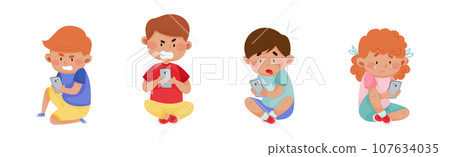 Angry and Frustrated Kids with Mobile Phones Vector Set 107634035