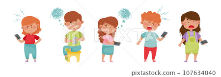 Angry and Frustrated Kids with Mobile Phones Vector Set 107634040