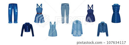 Denim Jeans Clothes and Different Garment Vector Set 107634117