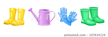 Garden Tool and Instrument with Rubber Boots, Glove and Watering Can Vector Set Garden Tool and Instrument with Rubber Boots, Glove and Watering Can Vector Set 107634129