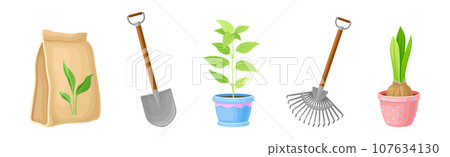 Garden Tool and Instrument with Shovel, Rake, Plant in Pot and Fertilizer Vector Set 107634130