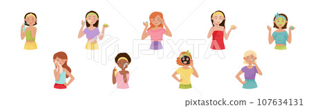 Young Girl Enjoy Face Care and Beauty Skin Treatment Vector Set Young Girl Enjoy Face Care and Beauty Skin Treatment Vector Set 107634131