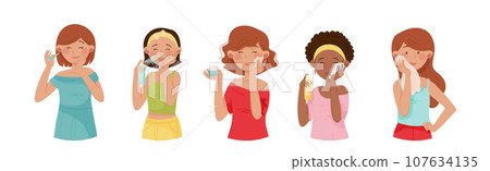 Young Girl Enjoy Face Care and Beauty Skin Treatment Vector Set 107634135