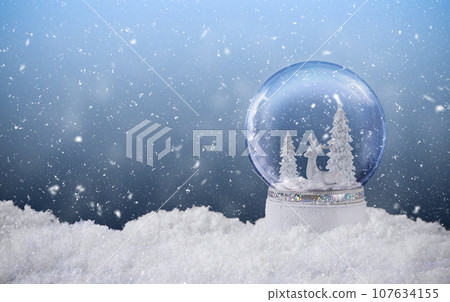 Christmas snow globe with reindeer and frozen snowy fir tree inside. Christmas greeting card with magic snow globe decoration and snow falling. Christmas background Christmas snow globe with reindeer and frozen snowy fir tree inside. Christmas greeting card with magic snow globe decoration and snow falling. Christmas background 107634155