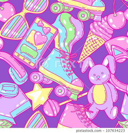 Seamless pattern with fashion girlish items. Colorful cute teenage background. 107634223
