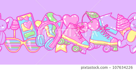Seamless pattern with fashion girlish items. Colorful cute teenage background. Seamless pattern with fashion girlish items. Colorful cute teenage background. 107634226