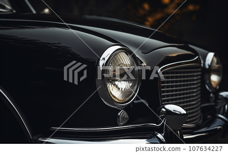 Close-up of the headlights of a black vintage car 107634227