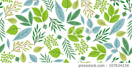 Seamless pattern of sprigs with green leaves. Decorative natural plants. 107634238