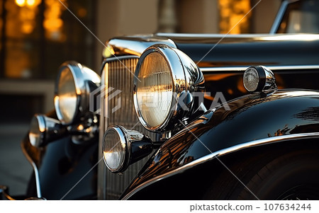Close-up of the headlights of a black vintage car Close-up of the headlights of a black vintage car 107634244
