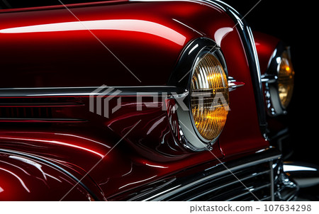 Close-up of the headlights of a red vintage car Close-up of the headlights of a red vintage car 107634298
