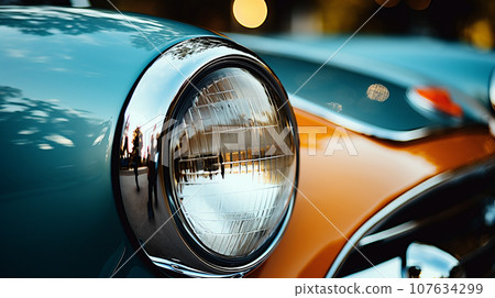 Close - up of the headlights of a vintage car 107634299
