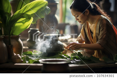 Asia woman making a Thai dessert, Putting a Dessert that covered by banana leaf to steaming pot Asia woman making a Thai dessert, Putting a Dessert that covered by banana leaf to steaming pot 107634301