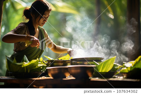 Asia woman making a Thai dessert, Putting a Dessert that covered by banana leaf to steaming pot 107634302