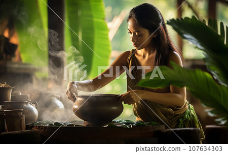 Asia woman making a Thai dessert, Putting a Dessert that covered by banana leaf to steaming pot Asia woman making a Thai dessert, Putting a Dessert that covered by banana leaf to steaming pot 107634303
