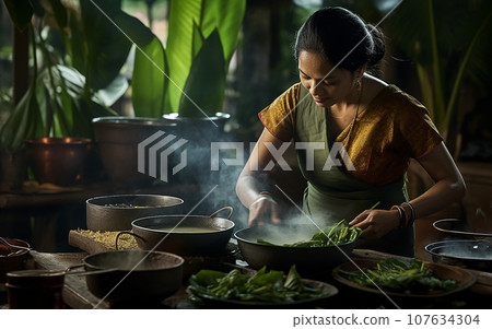Asia woman making a Thai dessert, Putting a Dessert that covered by banana leaf to steaming pot 107634304