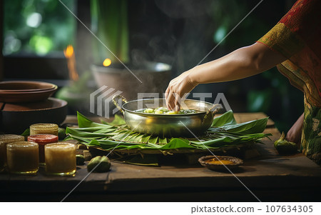 Asia woman making a Thai dessert, Putting a Dessert that covered by banana leaf to steaming pot 107634305