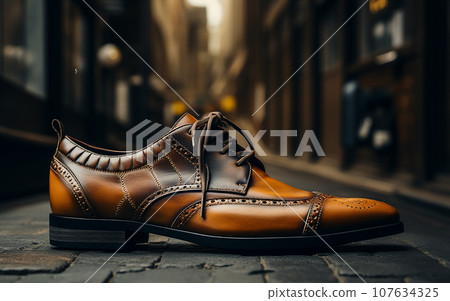 Men's brown leather shoe, men's shoes, close up Men's brown leather shoe, men's shoes, close up 107634325