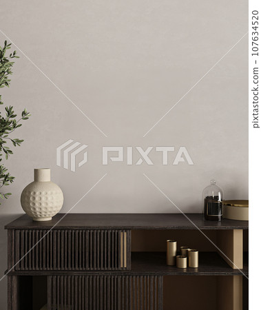 Modern gray livingroom with commode and green plants background. Light modern japanese nature view. 3d rendering mock up. High quality 3d illustration Modern gray livingroom with commode and green plants background. Light modern japanese nature view. 3d rendering mock up. High quality 3d illustration 107634520