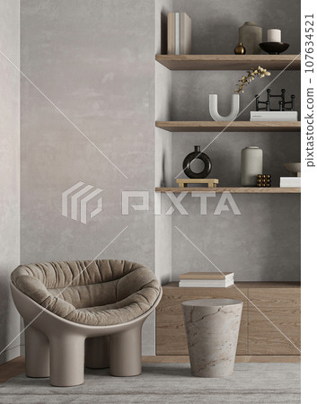 Modern gray livingroom with shelves in niche and armchair background. Light modern japanese nature view. 3d rendering. High quality 3d illustration Modern gray livingroom with shelves in niche and armchair background. Light modern japanese nature view. 3d rendering. High quality 3d illustration 107634521