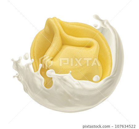 Dumpling falling into sour cream splash isolated on white background 107634522