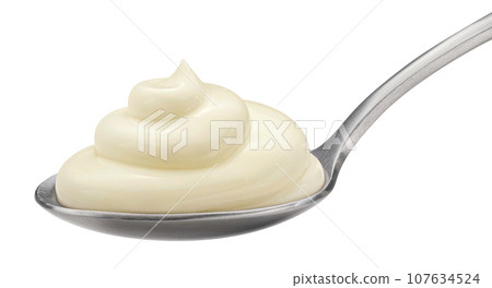 Spoon of mayonnaise isolated on white background, full depth of field 107634524