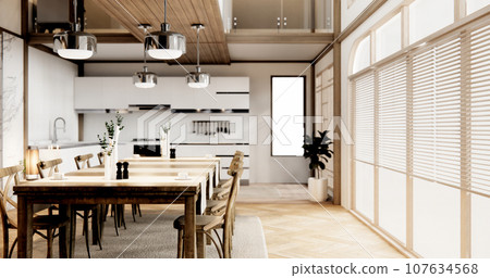 dinner room japanese style with long table and wooden chairs in room japandi. 107634568